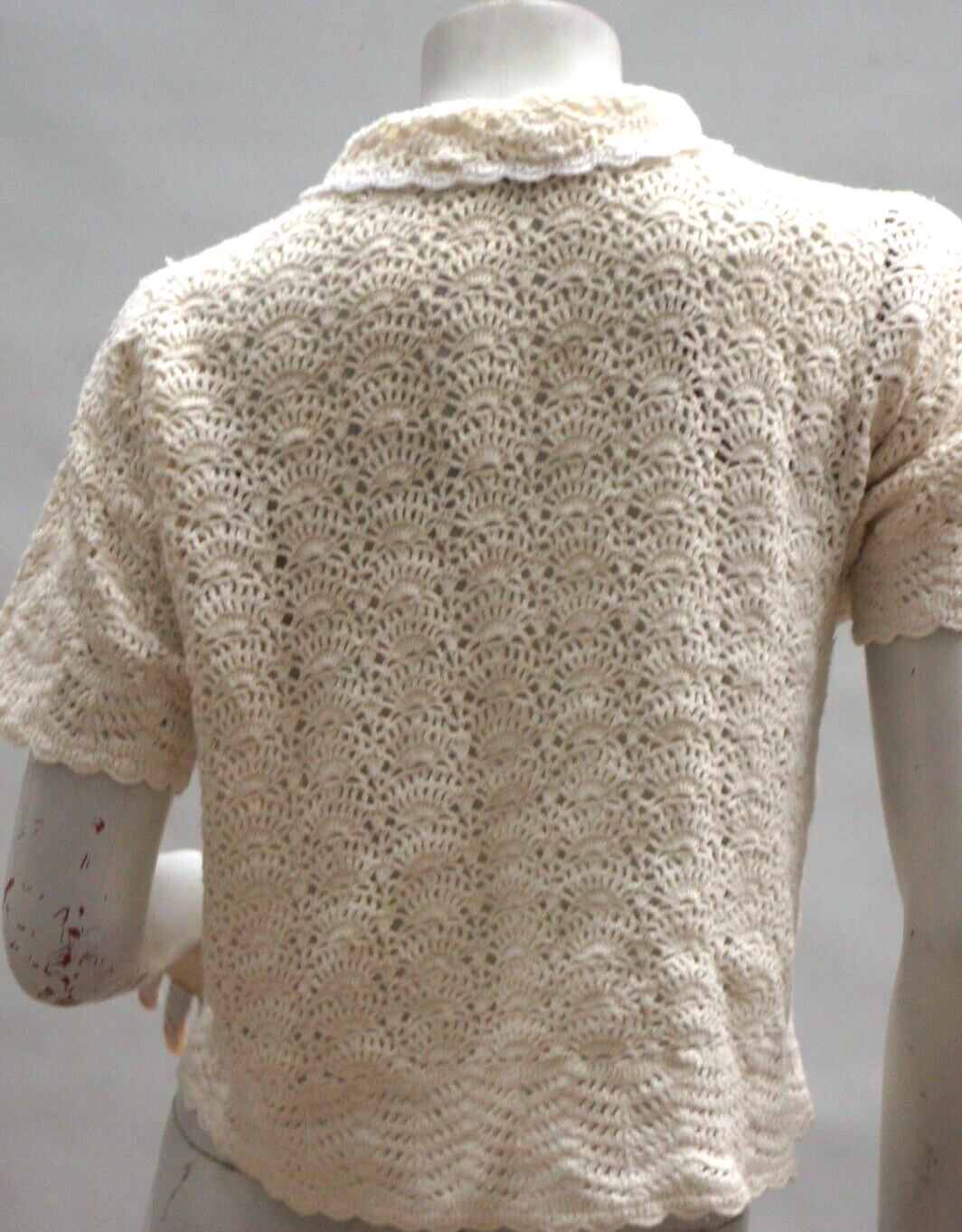 Vintage Jantzen Crochet Cardigan Sweater Open Knit Lace Mother of Pearl Buttons