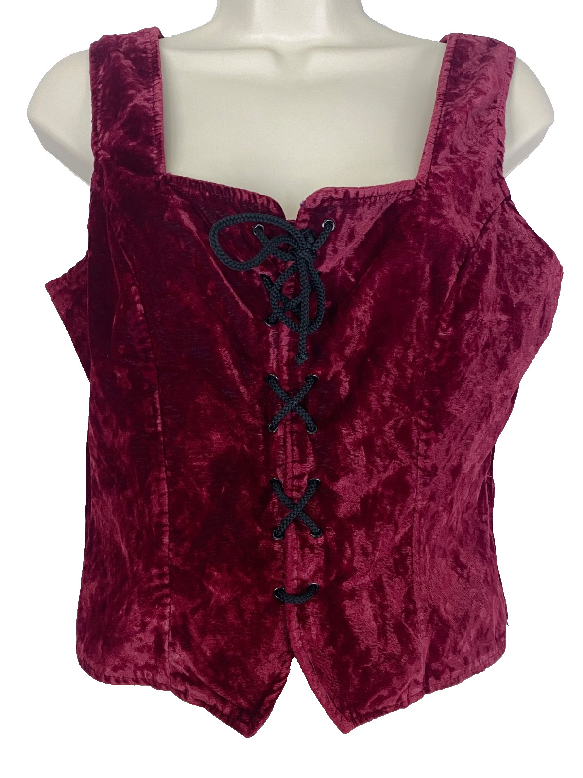Vintage 1990s MORBID THREADS burgundy crushed velvet vest M black corset tie top