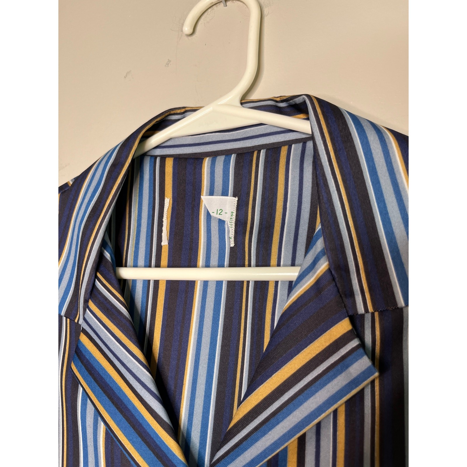 Deadstock 1970s Navy Blue Tan White Stripes Retro Disco Button Up Volup Shirt XL
