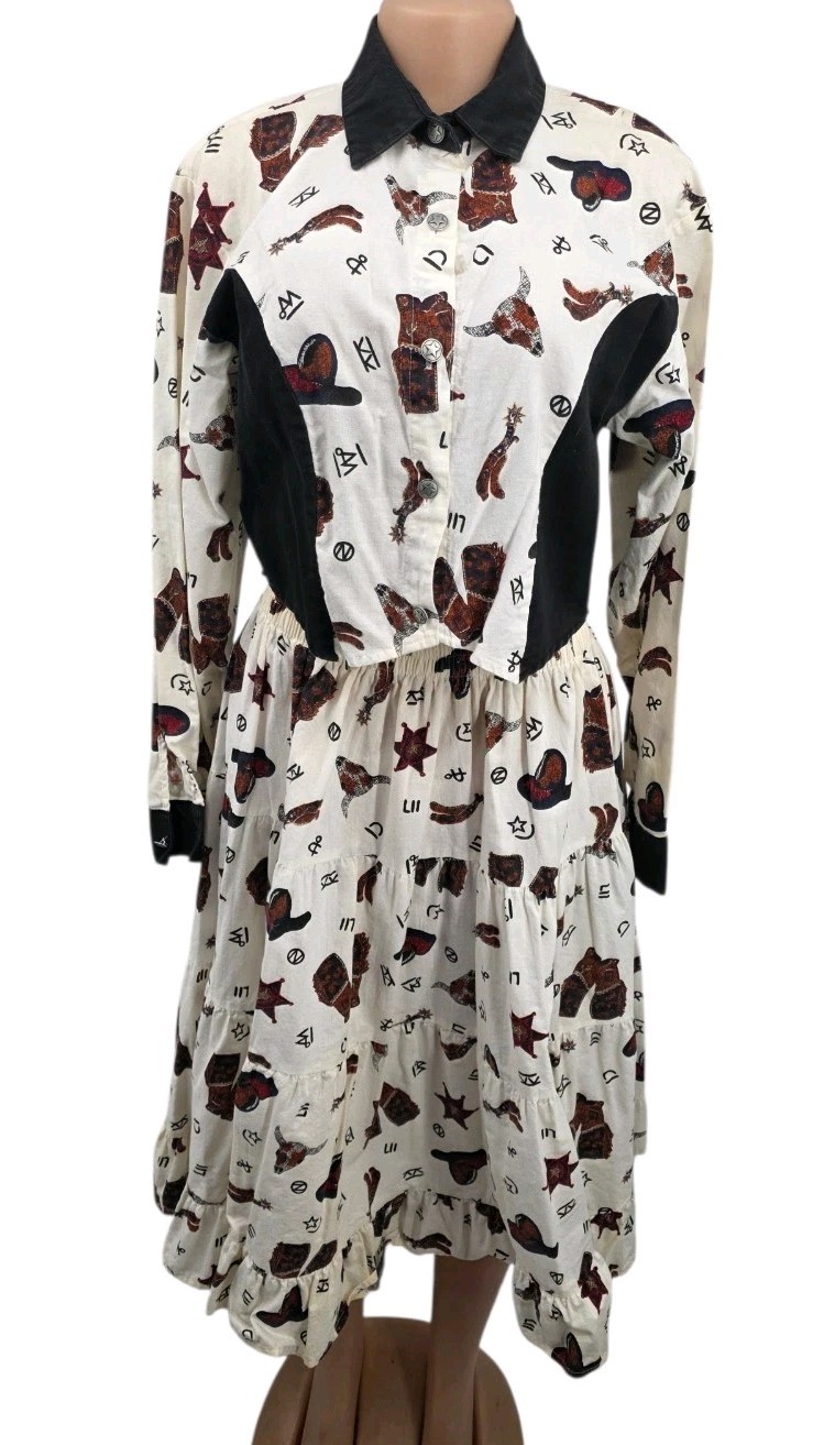 Vtg 80s Banjo Dallas Texas Western 2pc Skirt Set Country Rodeo Print Women L