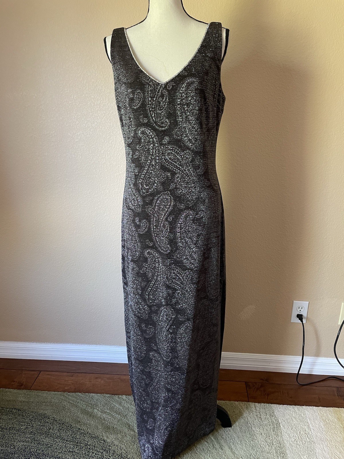 Vintage 90 Y2K Metallic Knit Sparkle Rhinestone Trim Maxi Dress Lurex Paisley 14