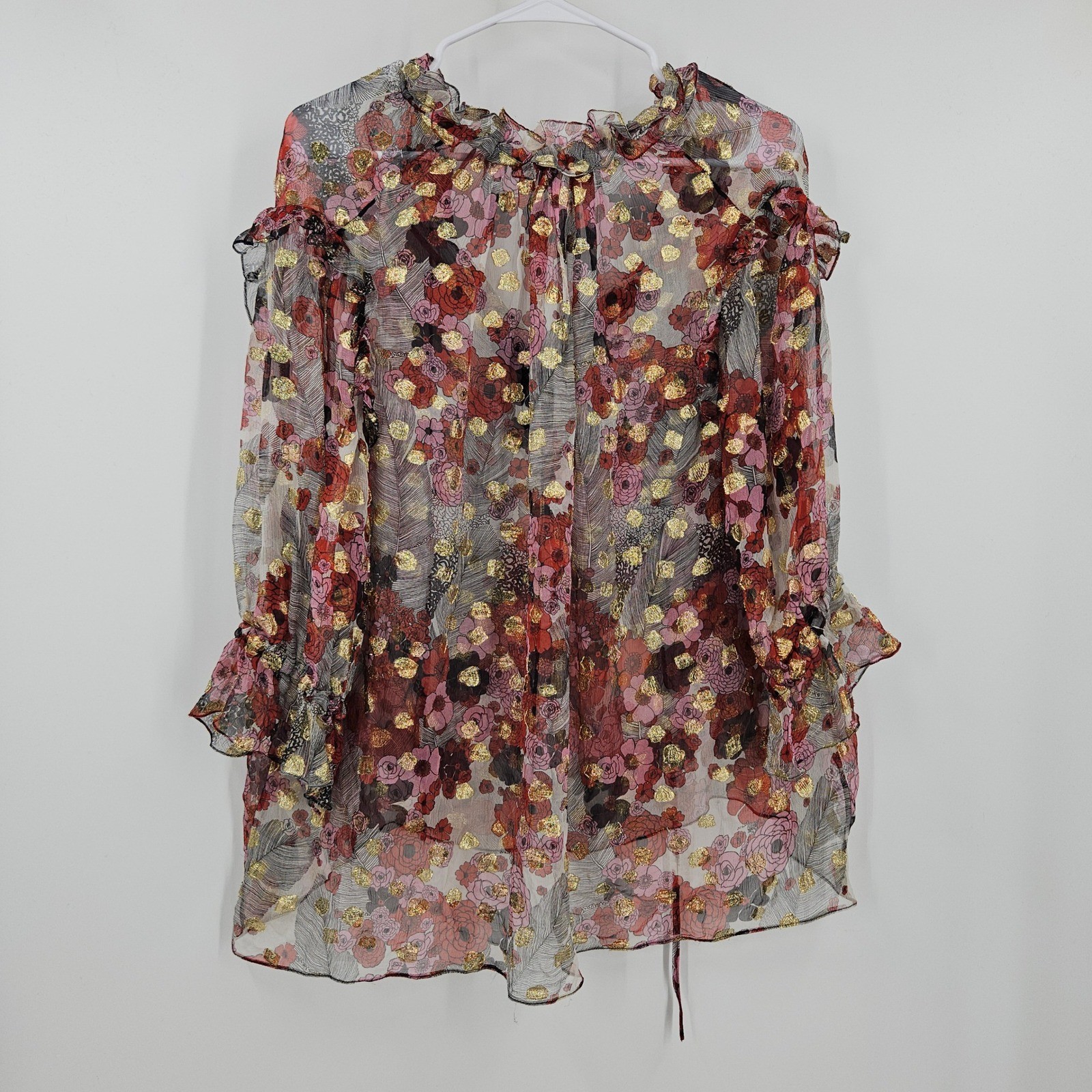 Alexander McQueen Silk Sheer Floral Blouse Maroon Gold Metallic Ruffle Peasant