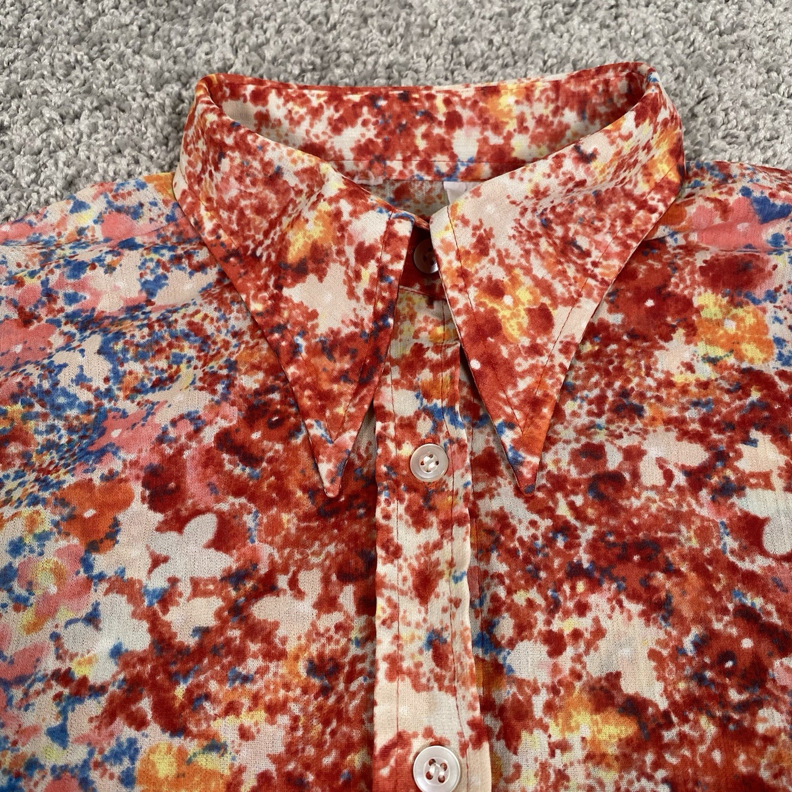 VTG 70’s Sheer Button Up Dagger Collar Shirt Red Disco Floral Secretary Size S/M