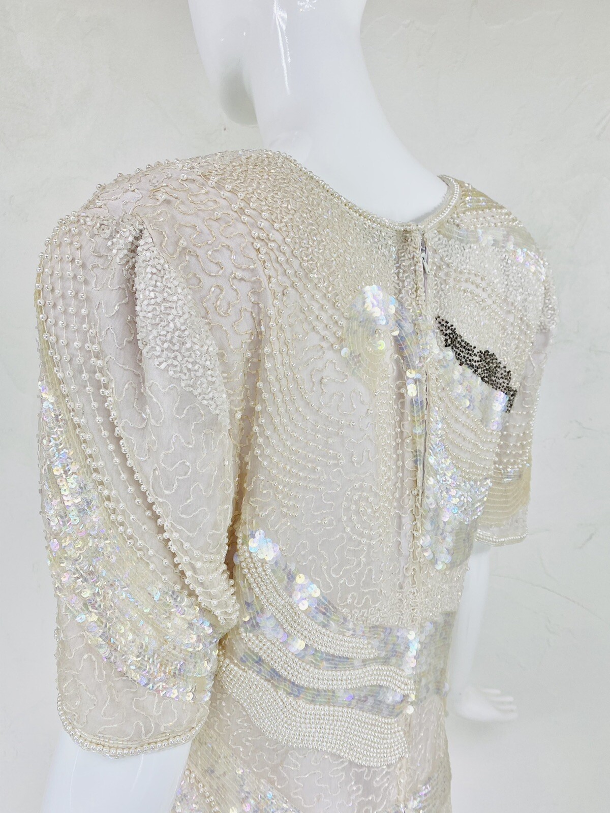 Vtg MODI Off White Champagne Silk Bead Sequin Evening Cocktail Wedding Dress, S
