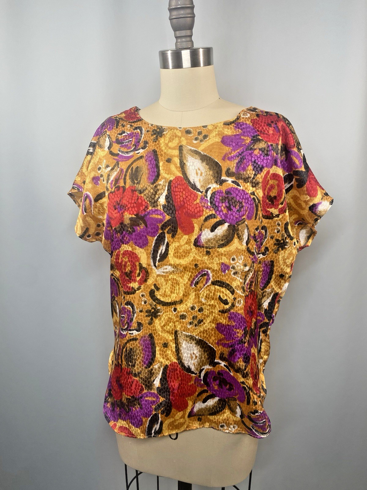 Vintage Blouse SIZE 4 XS PETITE gold red purple floral NOTATIONS 80s 90s
