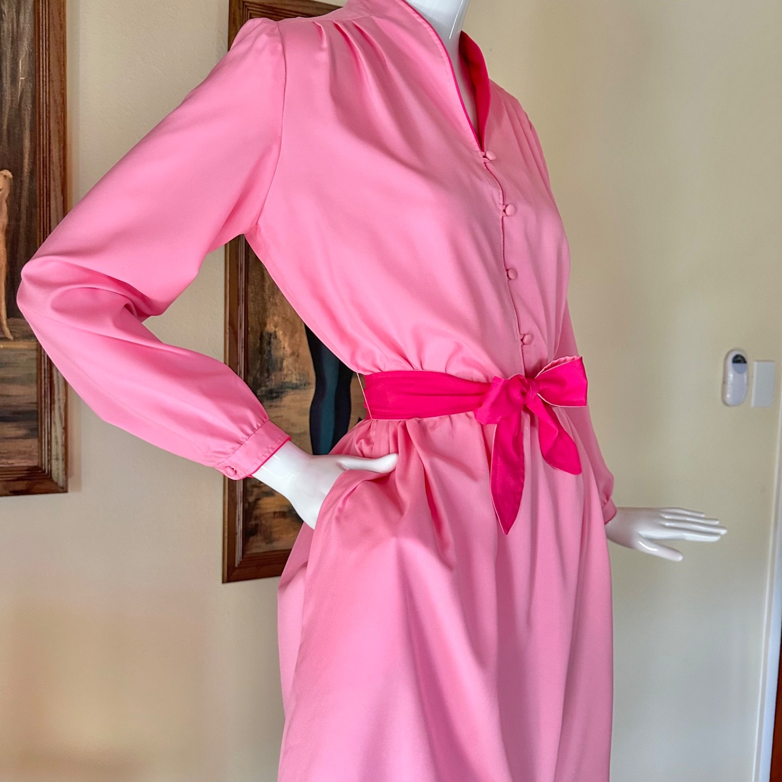 Vintage 1970s Bubblegum Pink Color Block Secretary Day Dress SATC Disco L
