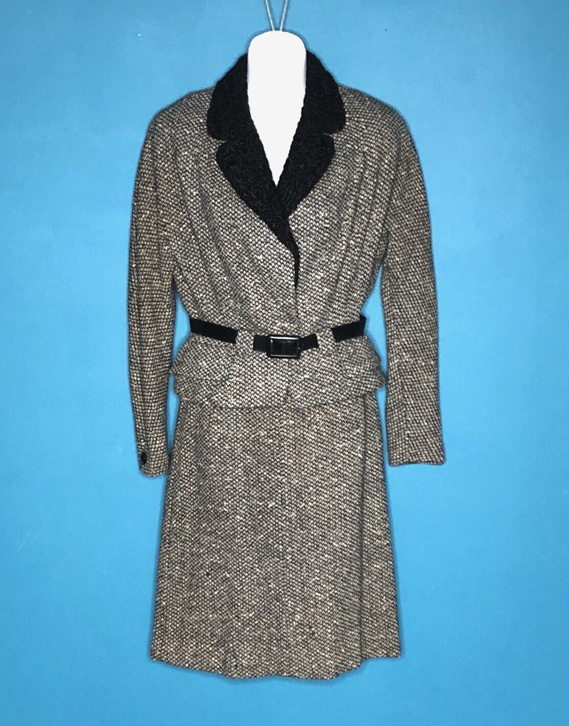 Vtg 40s 50s Hyde Park Body DRUM Wool Tweed Suit Lamb Collar Black Tan Sz S/M