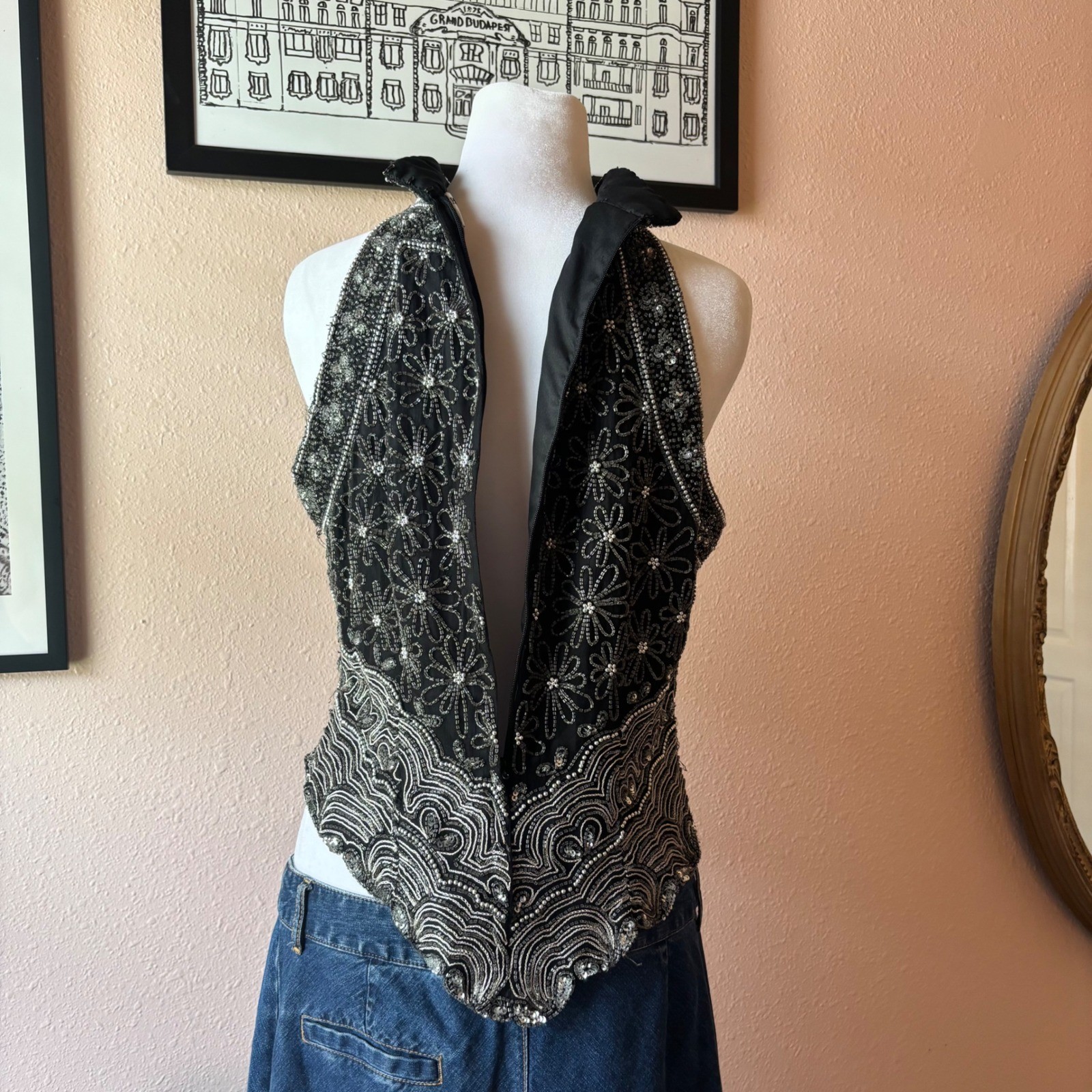 Vintage Papell Boutique Silk Beaded High Neck Blouse