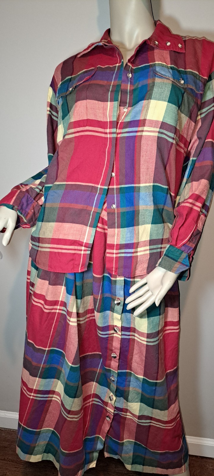 Blouse Skirt Set Plaid Nantucket Brushed Blend Fabric Medium Vtg 2 Pc