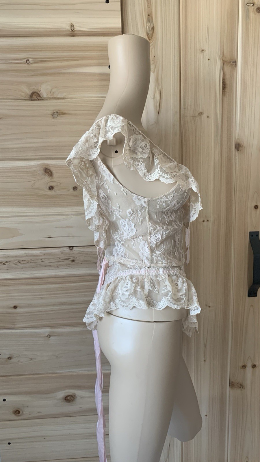 Vintage 70s 80s Designer Emil Bole Tan Beige nude Floral Lace Teddy W Ribbons