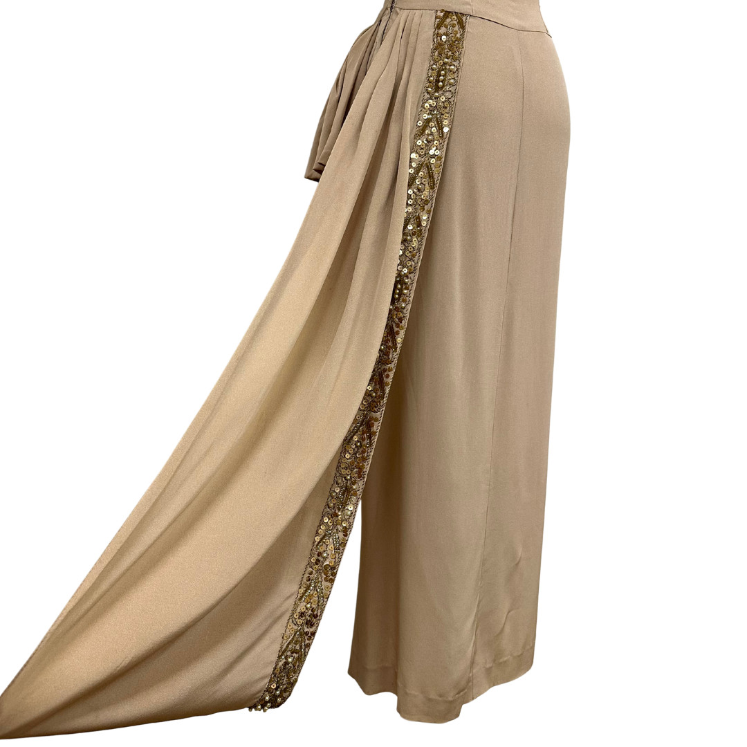 Vintage 1930s Draped Beige Sequin Hollywood Glamour Art Deco Evening Gown