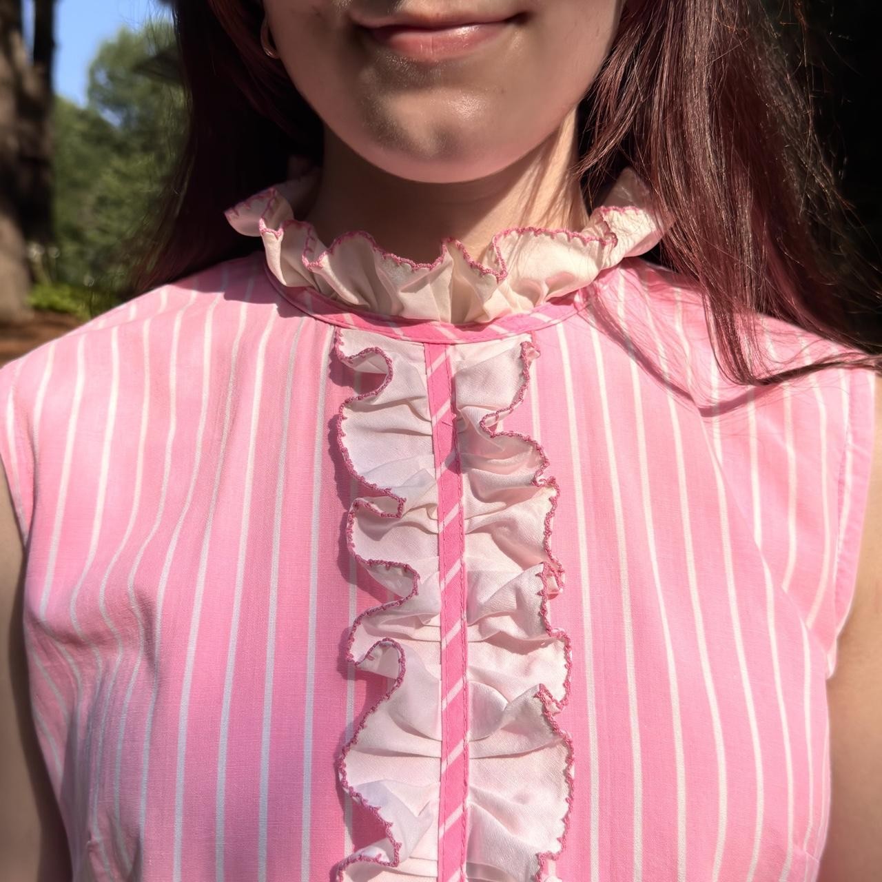 60s mod bubblegum pink candy stripe cotton mini dress w/ fun ruffle collar