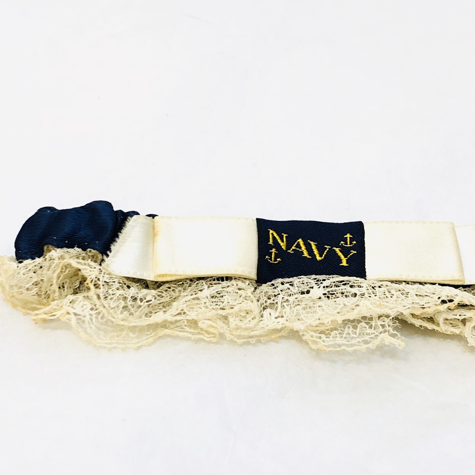 Vintage 1950s US Navy Wedding Garter Blue with Gold Anchors and Lace