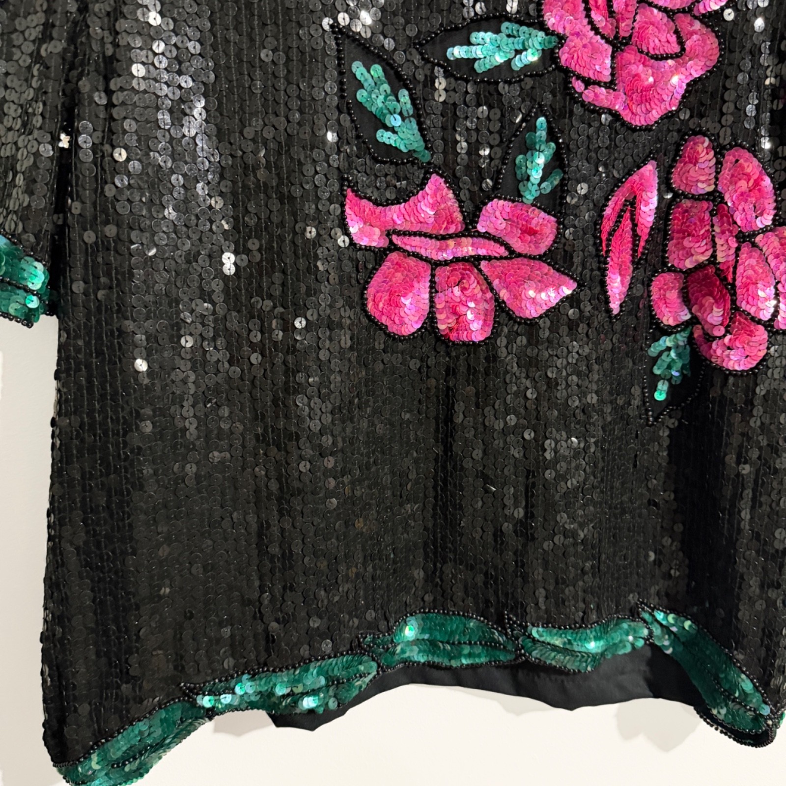 Vintage Royal Feelings Black Silk Sequin Floral Beaded Top L Pink Roses Glam