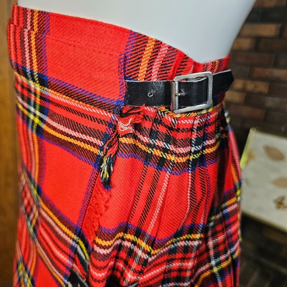 Vtg 80s British Punk Tartan Plaid Accordion Pleated Wool Buckle Wrap Skirt XS/S