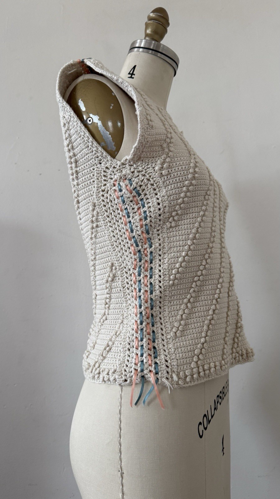 Antique/Vintage Art Deco Popcorn Rayon Hand Crocheted Knit Ribbon Trim Top XS
