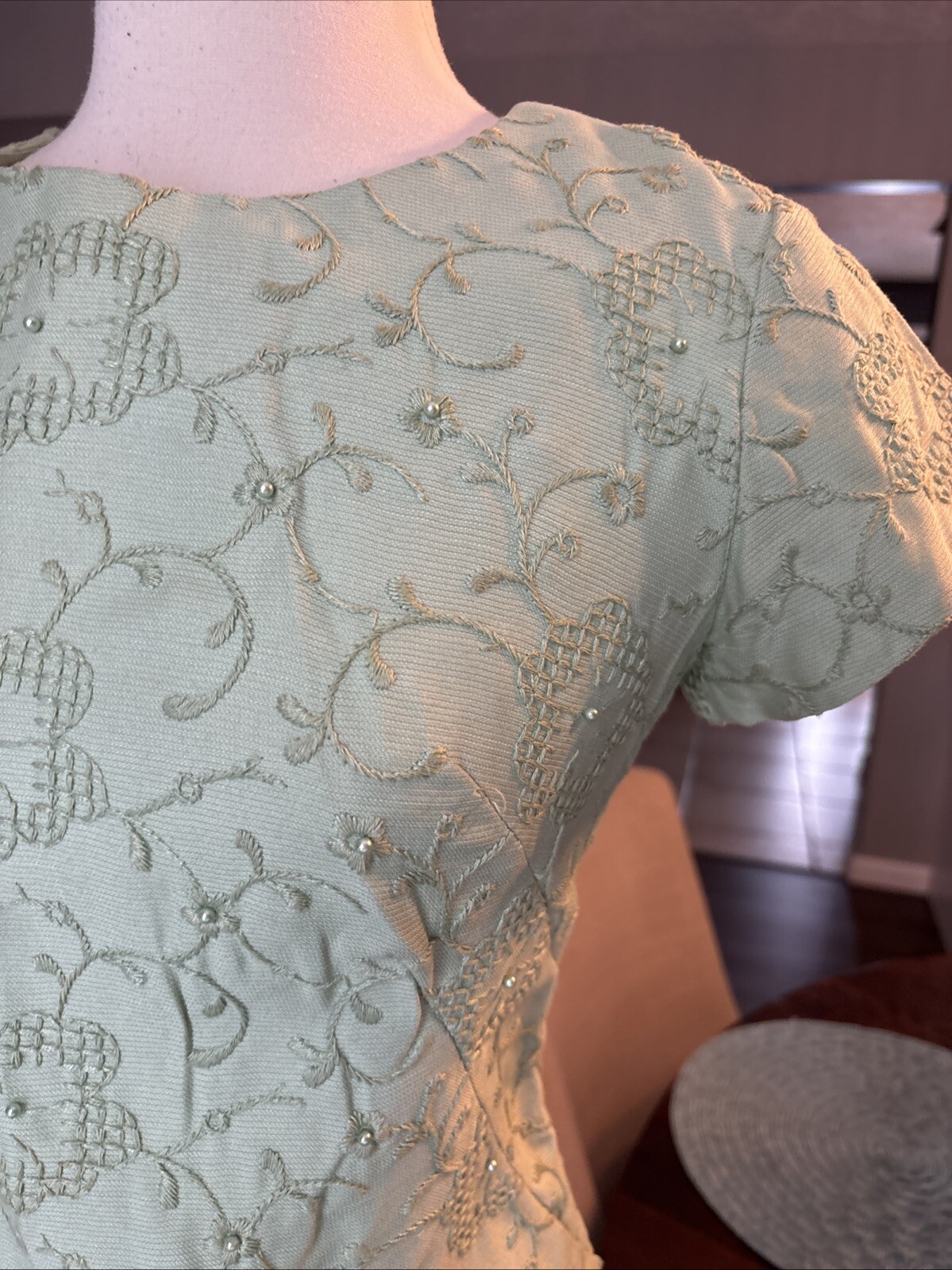 Vintage Embroidered Beaded Celery Green Midi Dress M Pencil Wiggle