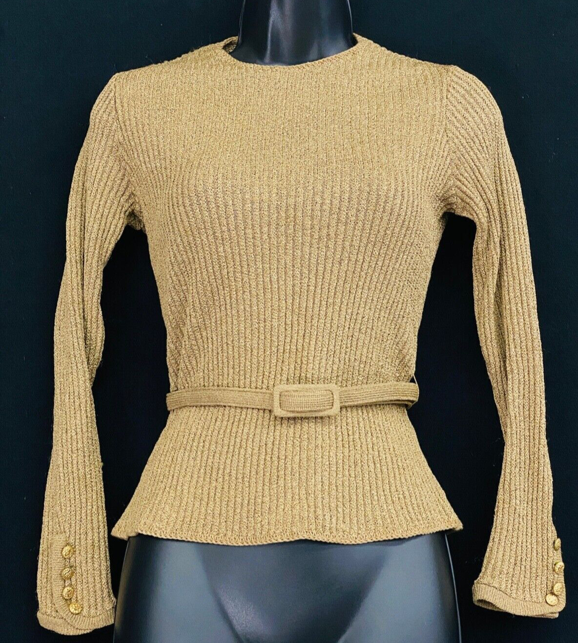 Vintage 1970s tan ribbed sweater knit belted fitted top shirt long sleeves S M