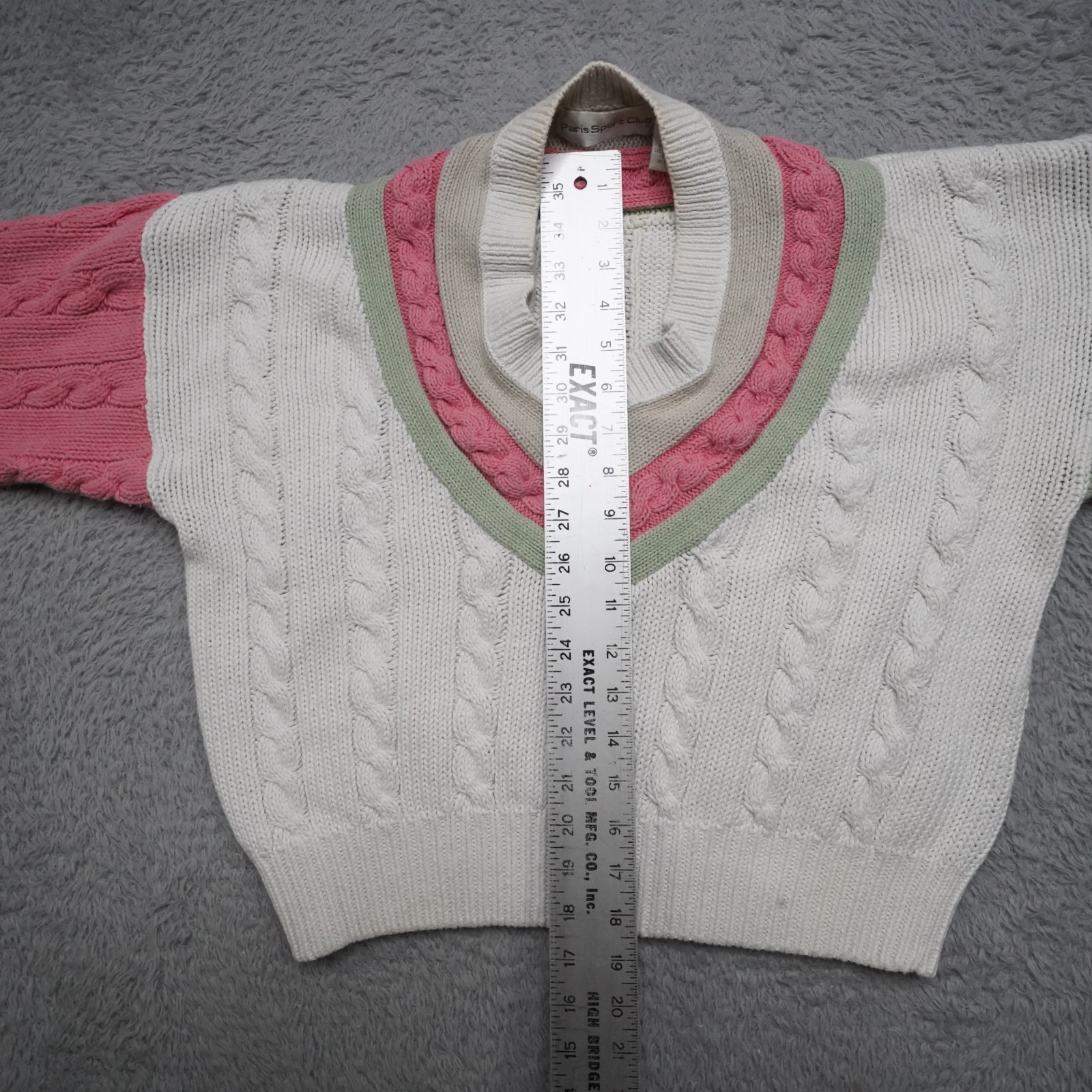 Vintage V Neck Sweater Womens M Pink Green CableKnit Preppy Tennis Raimie Cotton