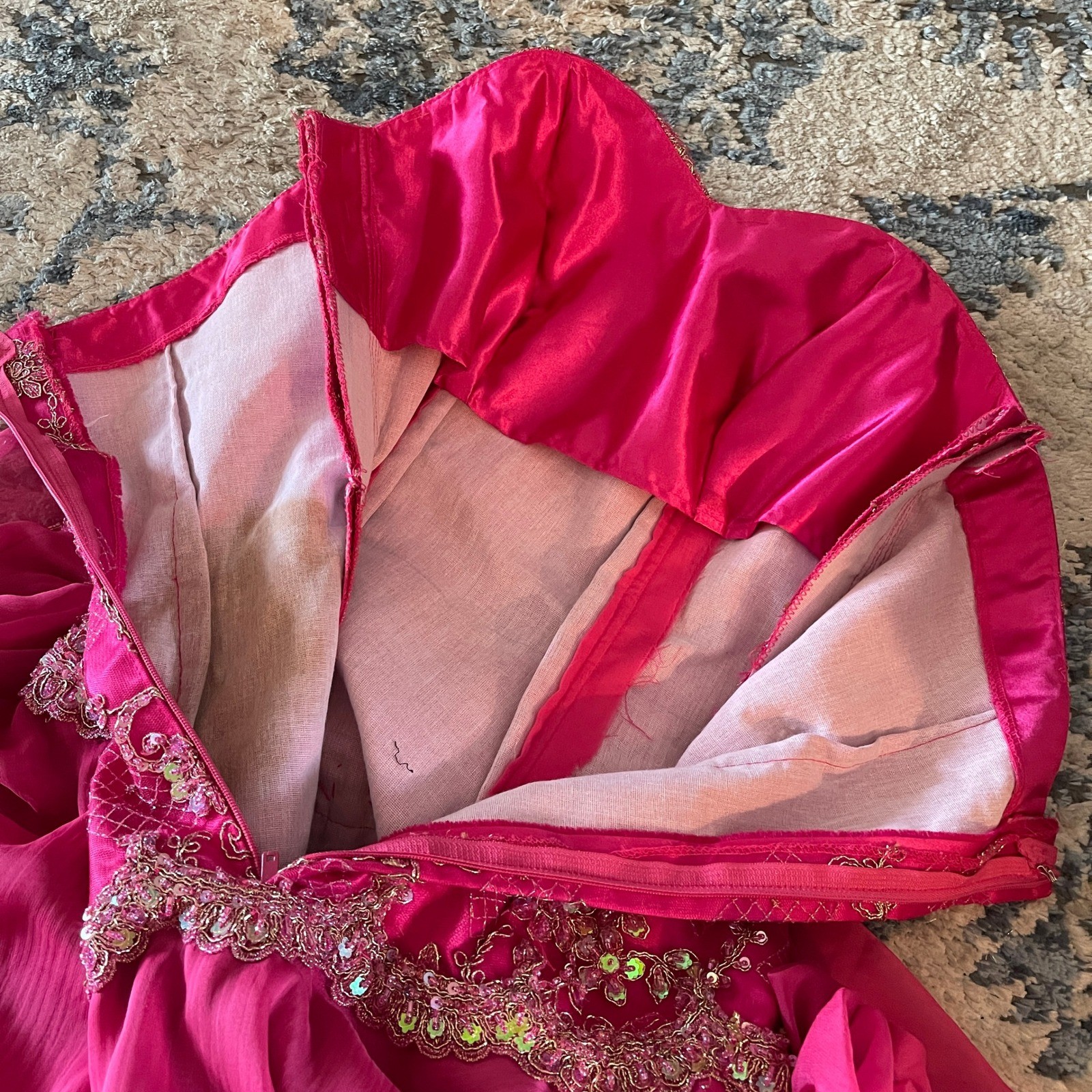 Vintage Y2K Handmade Fuchsia Pink Beaded Fairycore Strapless Prom Dress Gown S