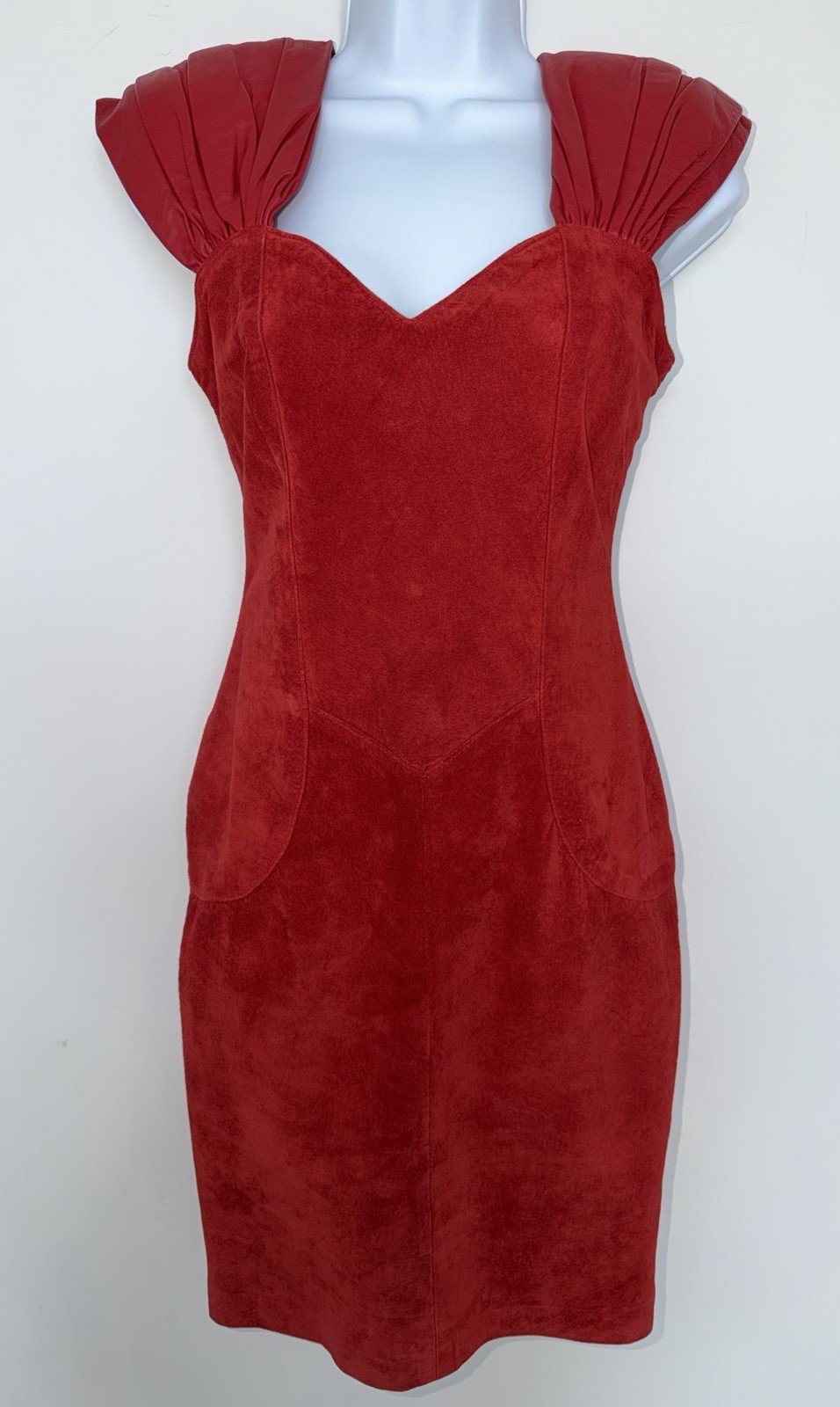 VTG 90’s Leather Ranch Red Mini Suede Cocktail Dress Padded Shoulders Sz 0 NWT