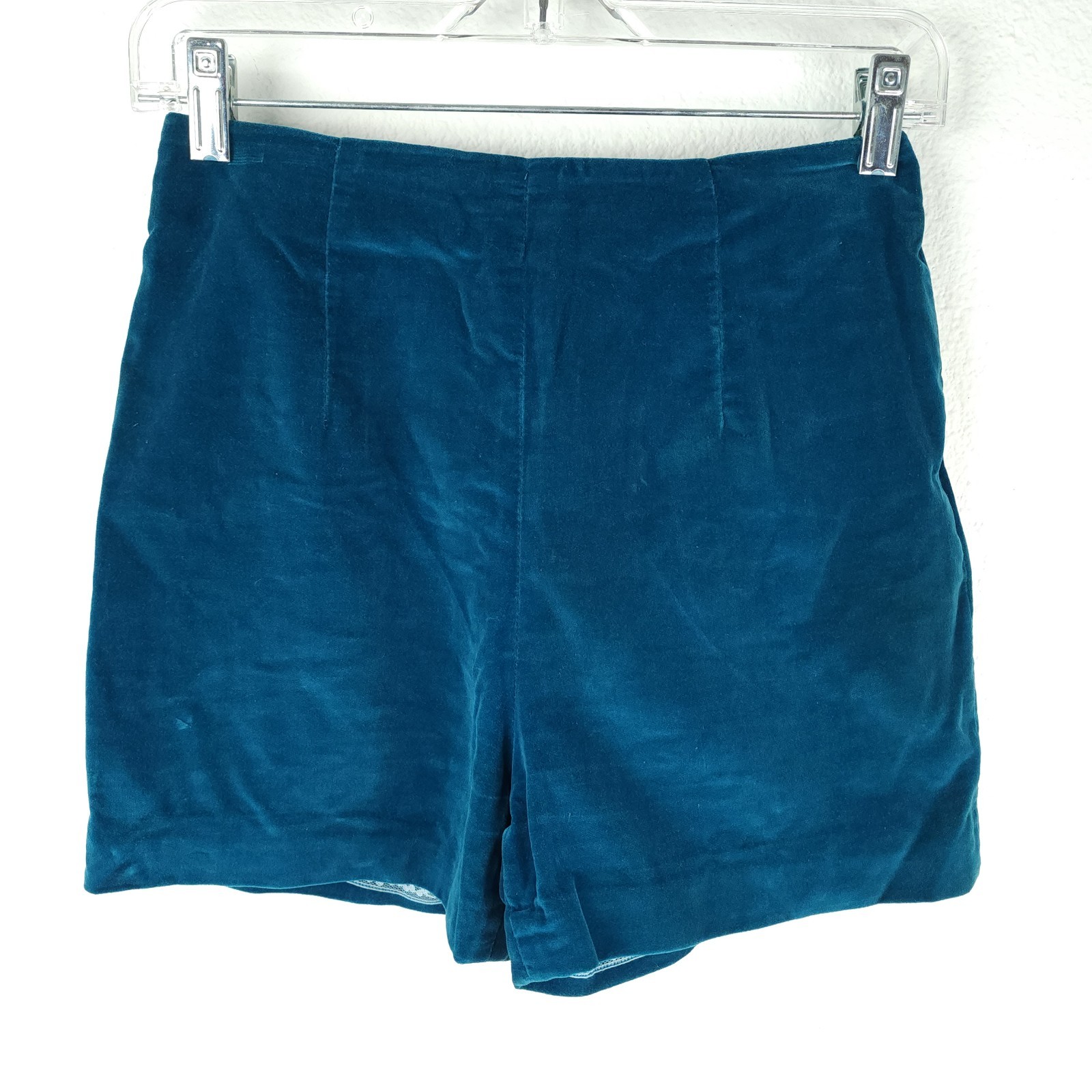 Vtg 60s Mod Go Go Teal Blue Hot Pants Velvet Pin-Up Burlesque Shorts Woodard~XS