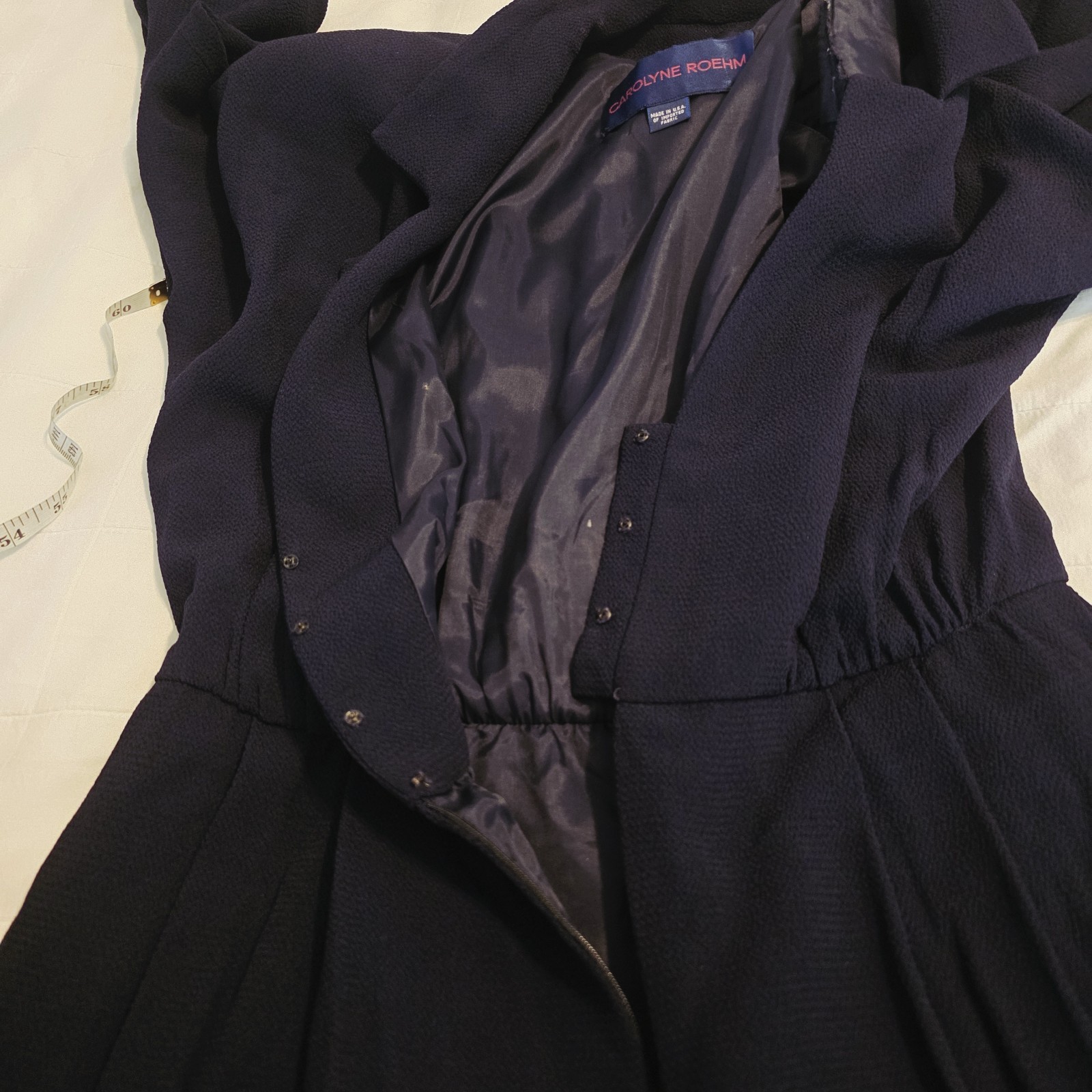 VTG Caroline Roehm Dark Navy Jumpsuit Lined Deep V Wide Leg Long Sleeve 29 Waist