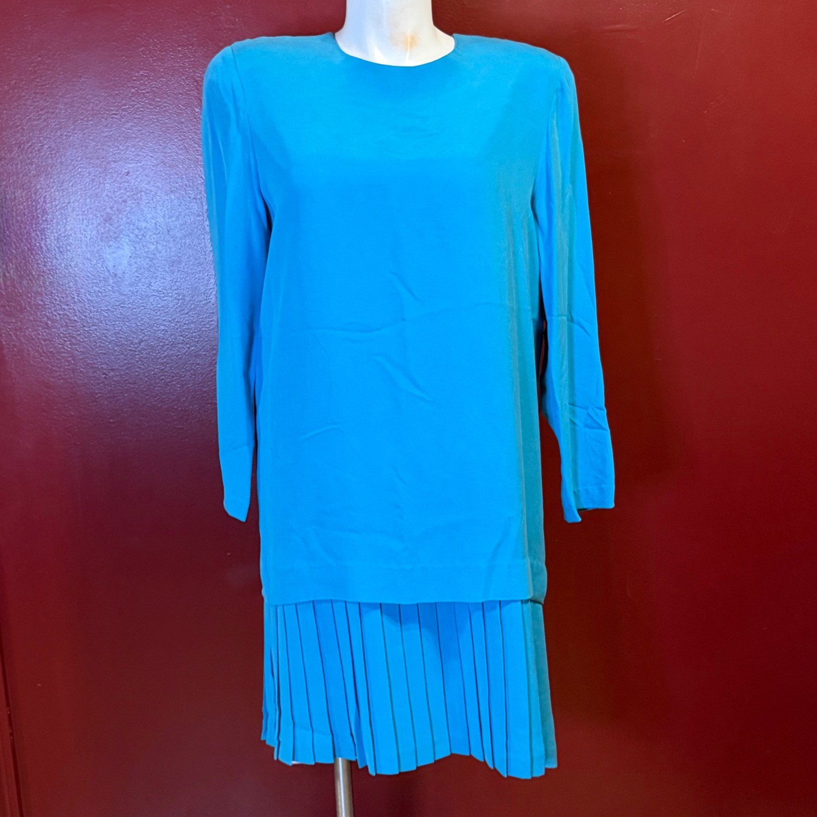 Vintage Papell Too Silk Drop Waist Pleated Dress Turquoise Blue Size 16 NWT