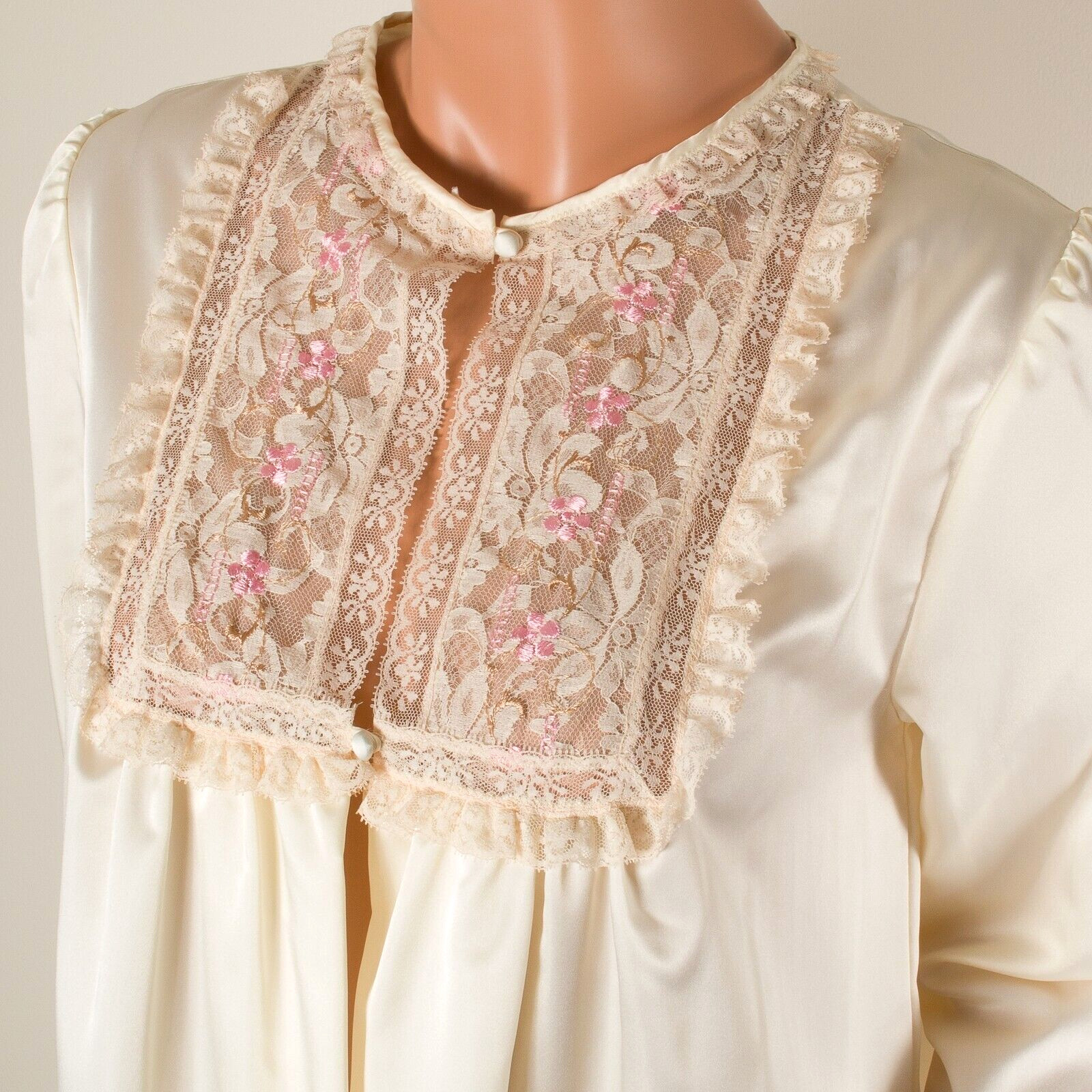 💖BARBIZON Ivory Cream Maxi Robe Nightgown Soft Silky Nylon Embroidered Lace M