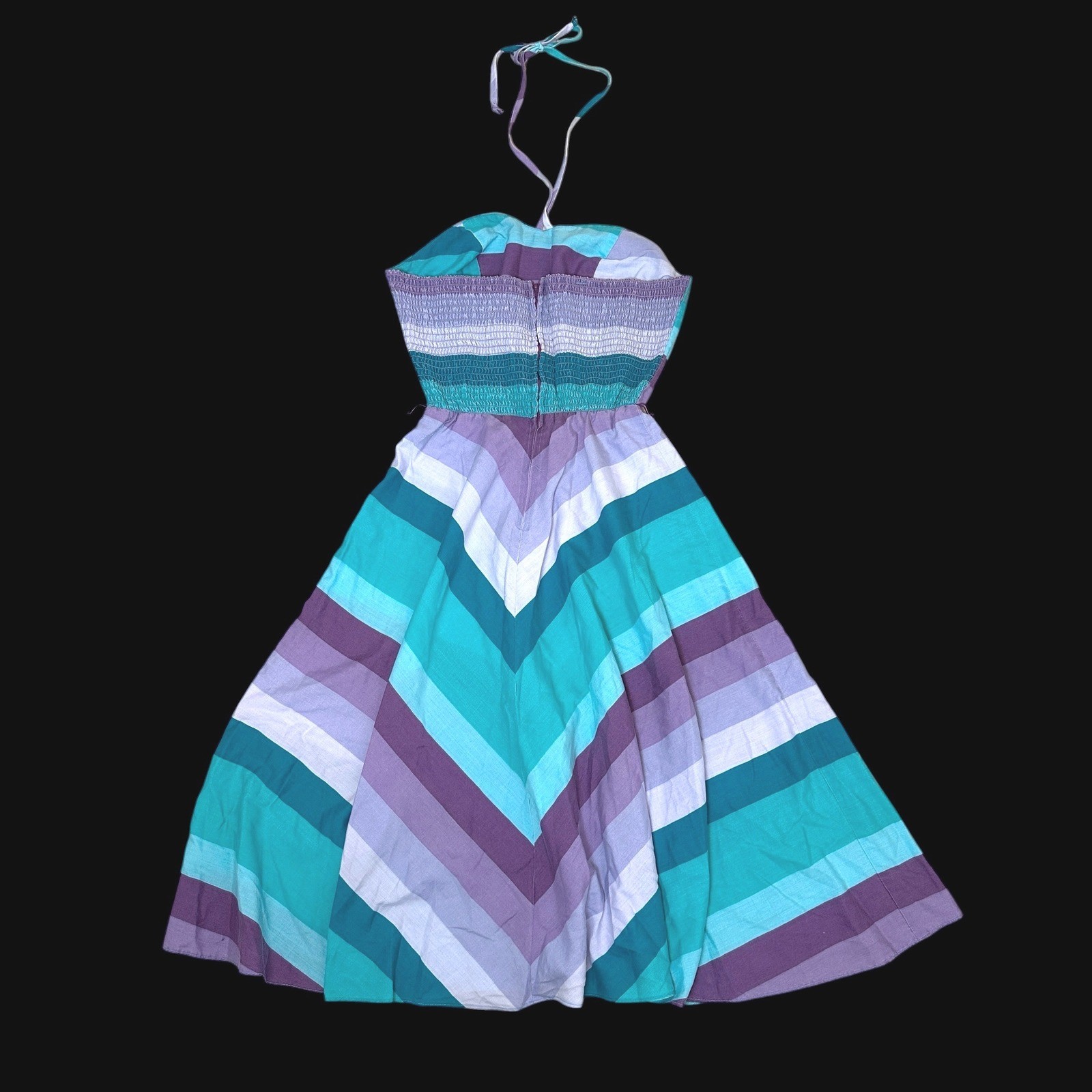 Vintage Chevron Stripe Halter Dress Teal Purple Smocked Back Sun Dress Size 11