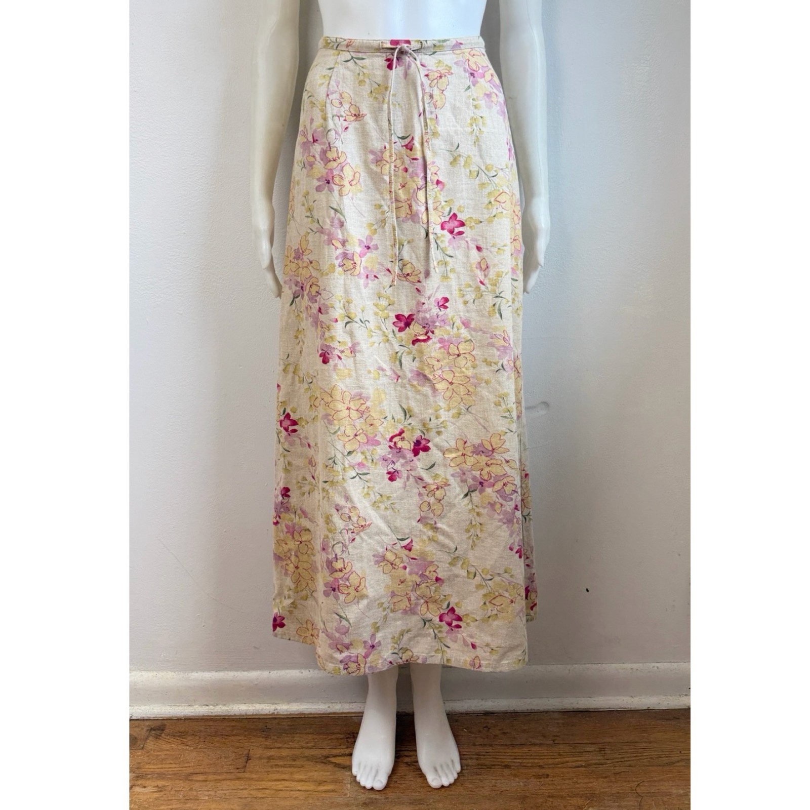 Vintage Floral Print Linen Rayon Blend Maxi Skirt Size XS 4 24-26″ Waist Y2K