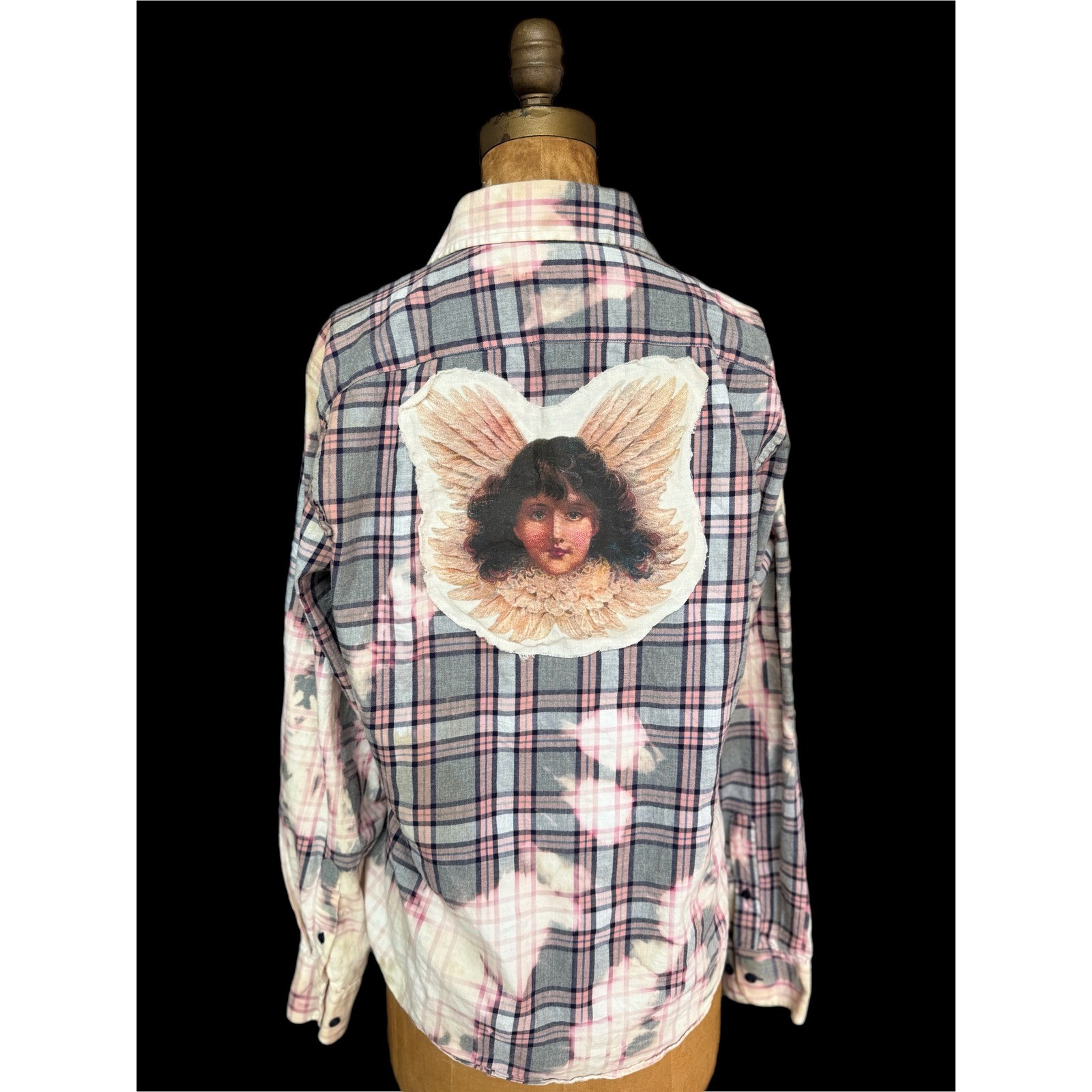 Upcycled Angel Flannel Bleach Dye Folk Art Shirt Cottagecore Boho Med. Slim fit