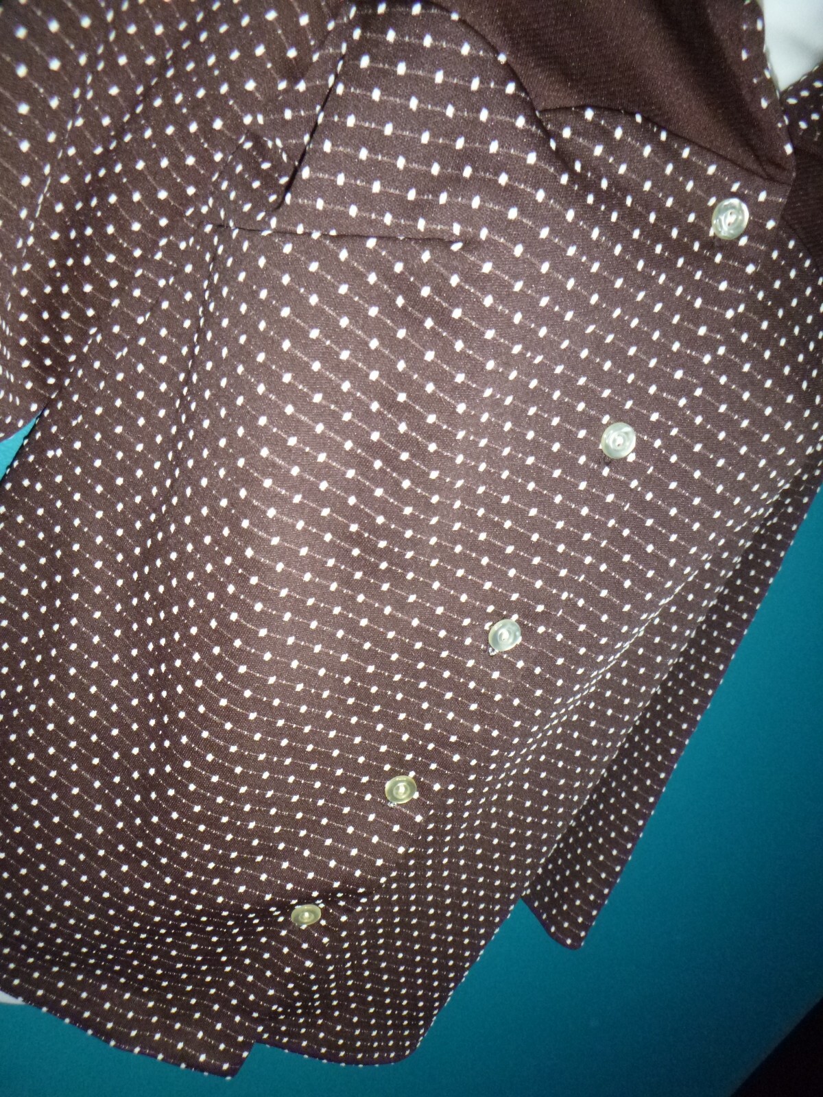 Vtg 60s 70s MOD Polyester Knit Shirt Jacket Brown White Dots Big Collar Sz S/M