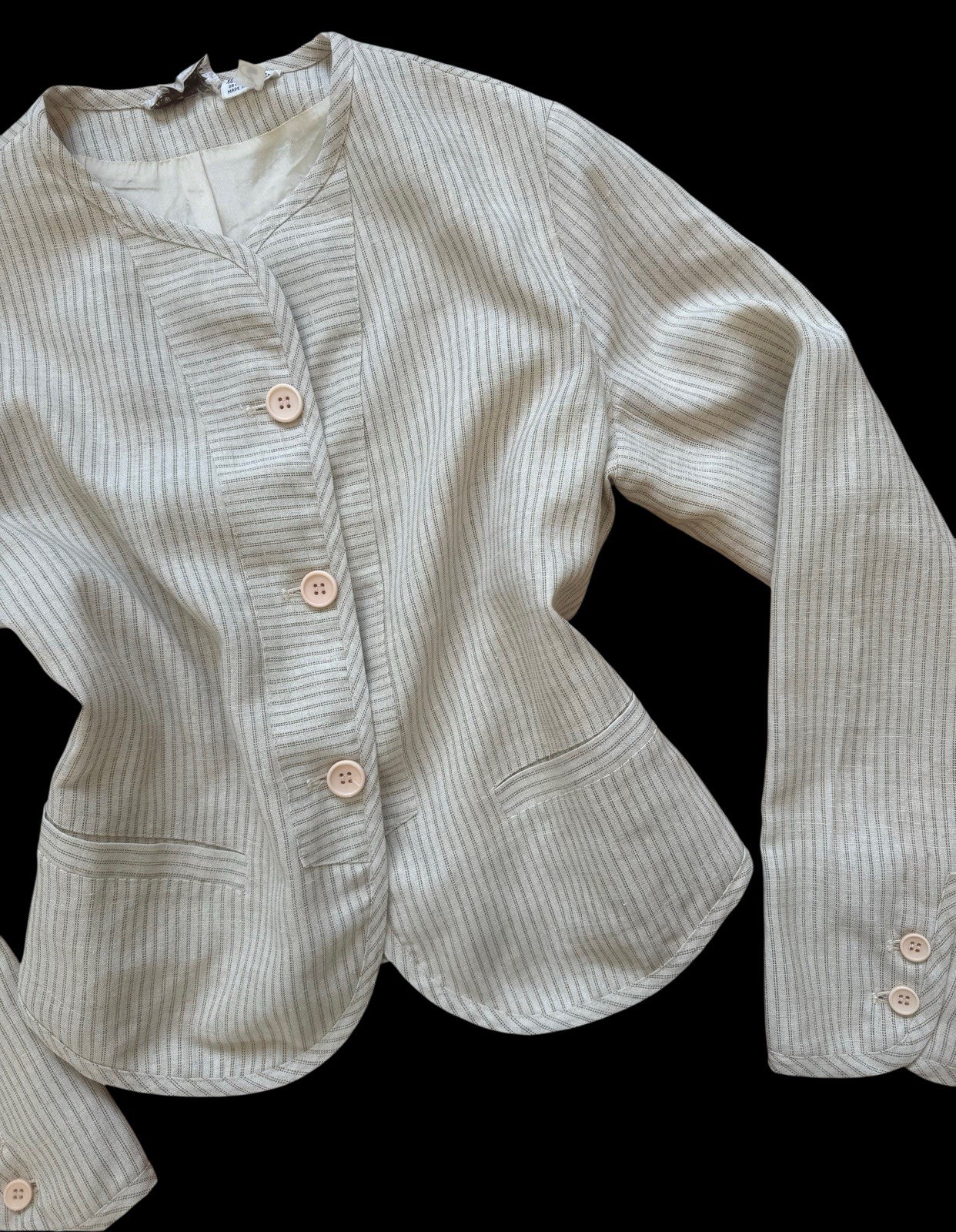 Vintage 1980s Bern Conrad Blazer Tan Striped Linen Blend Top Designer Jacket