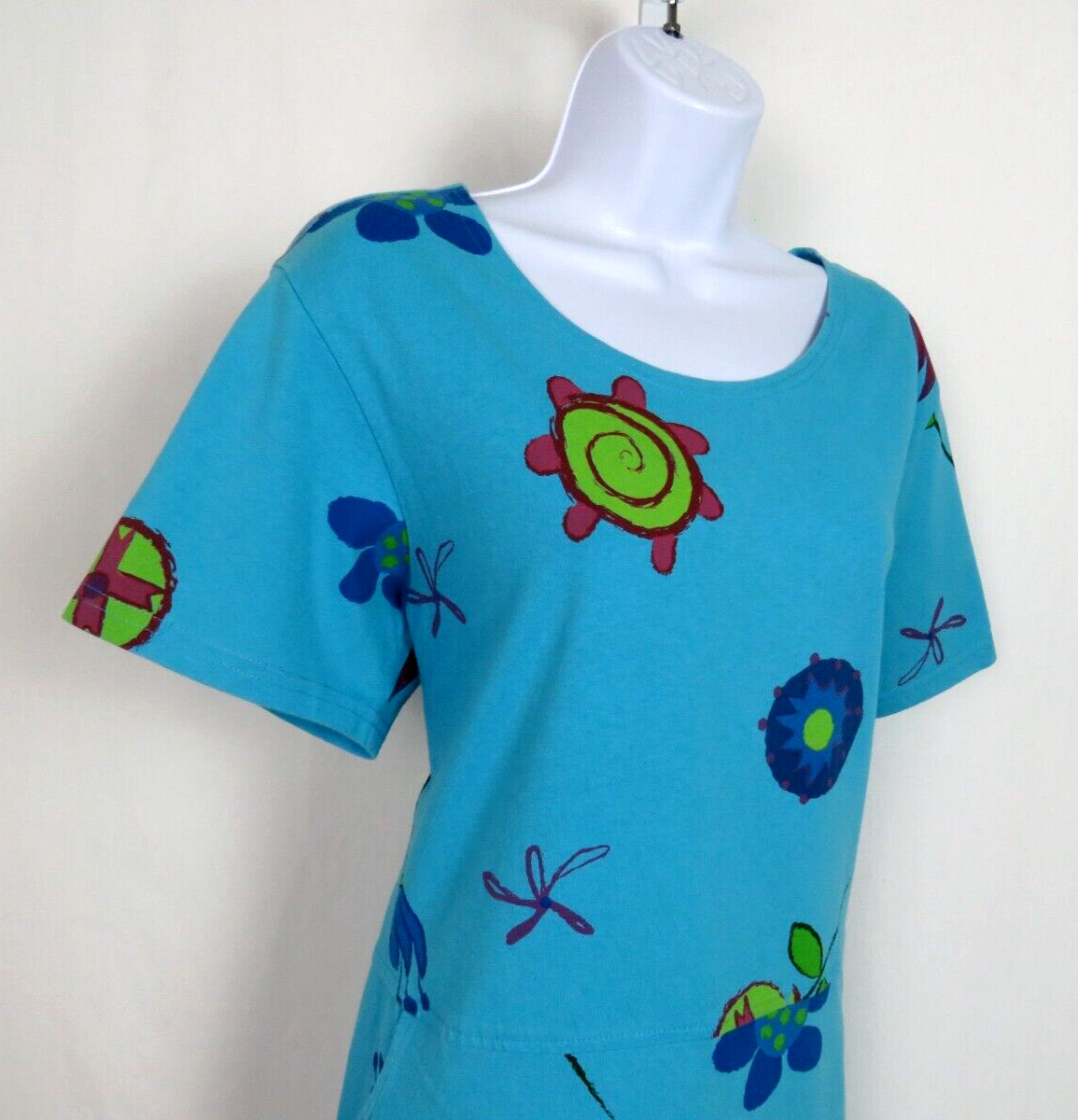 VTG 1980s 90s RED GINGER MEDIUM COTTON DRESS MOD FLOWERS ROPE BELT AQUA BLUE