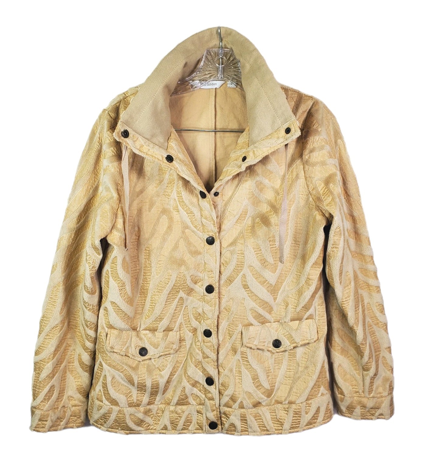 VTG Erin London Women Snap Button Jacket Small Animal Print Metallic Beige Gold