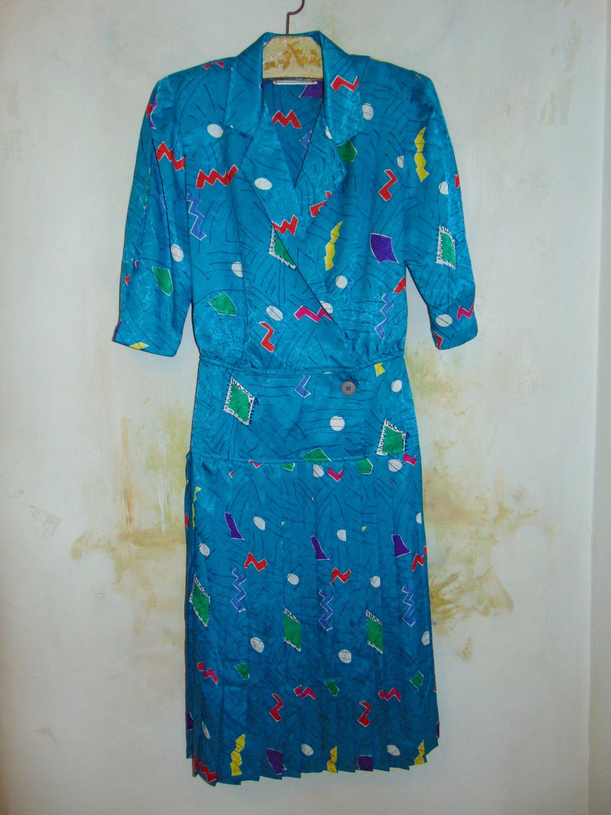 Vintage 80’s La Petite Connection Knee Length Midi Blue Geometric Pleated Dress