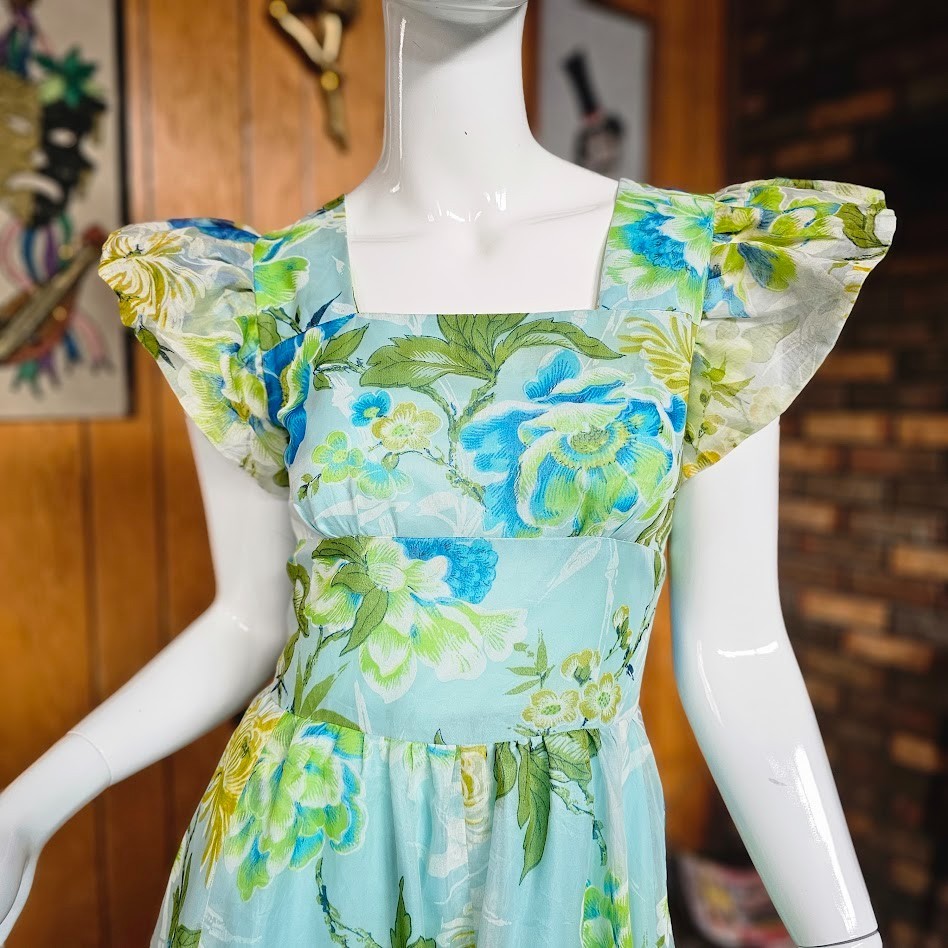 Vintage 70s Southern Belle Huge Floral Organza Prom Ball Gown Maxi Party Dress S