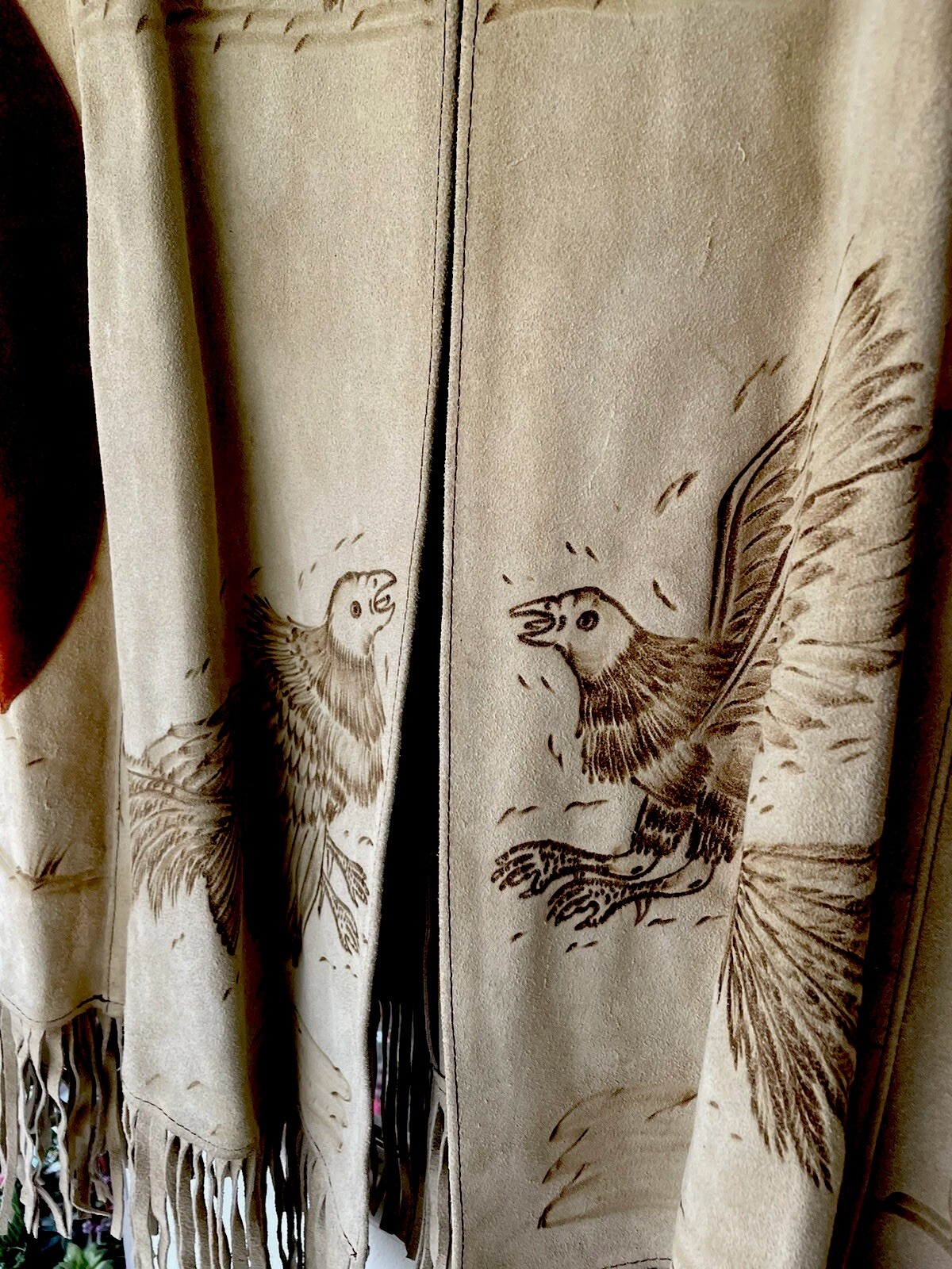 Mexican Suede Poncho 1970’s. Great Art Work. Never Worn Or Very Little Brown