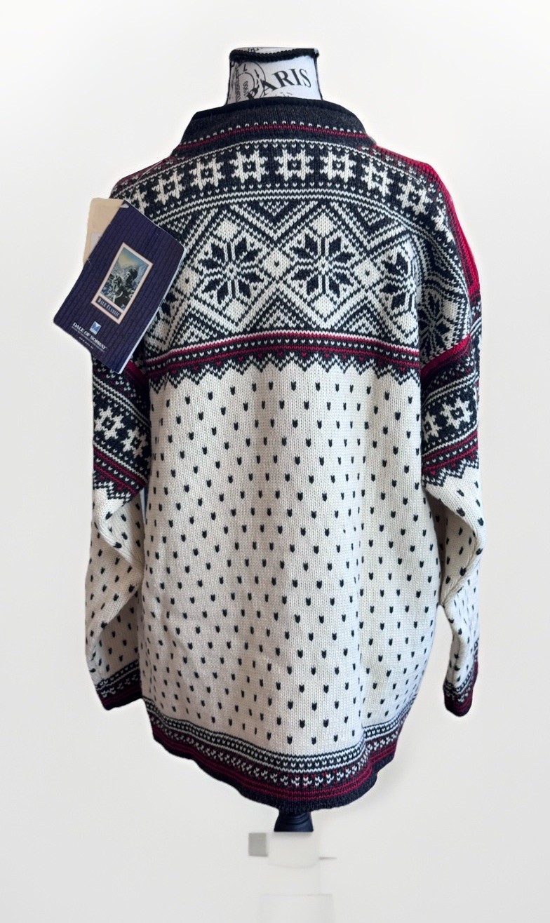 Dale of Norway Wool Zip Black Beige Snowflake Red Winter Trim Sweater Jacket L