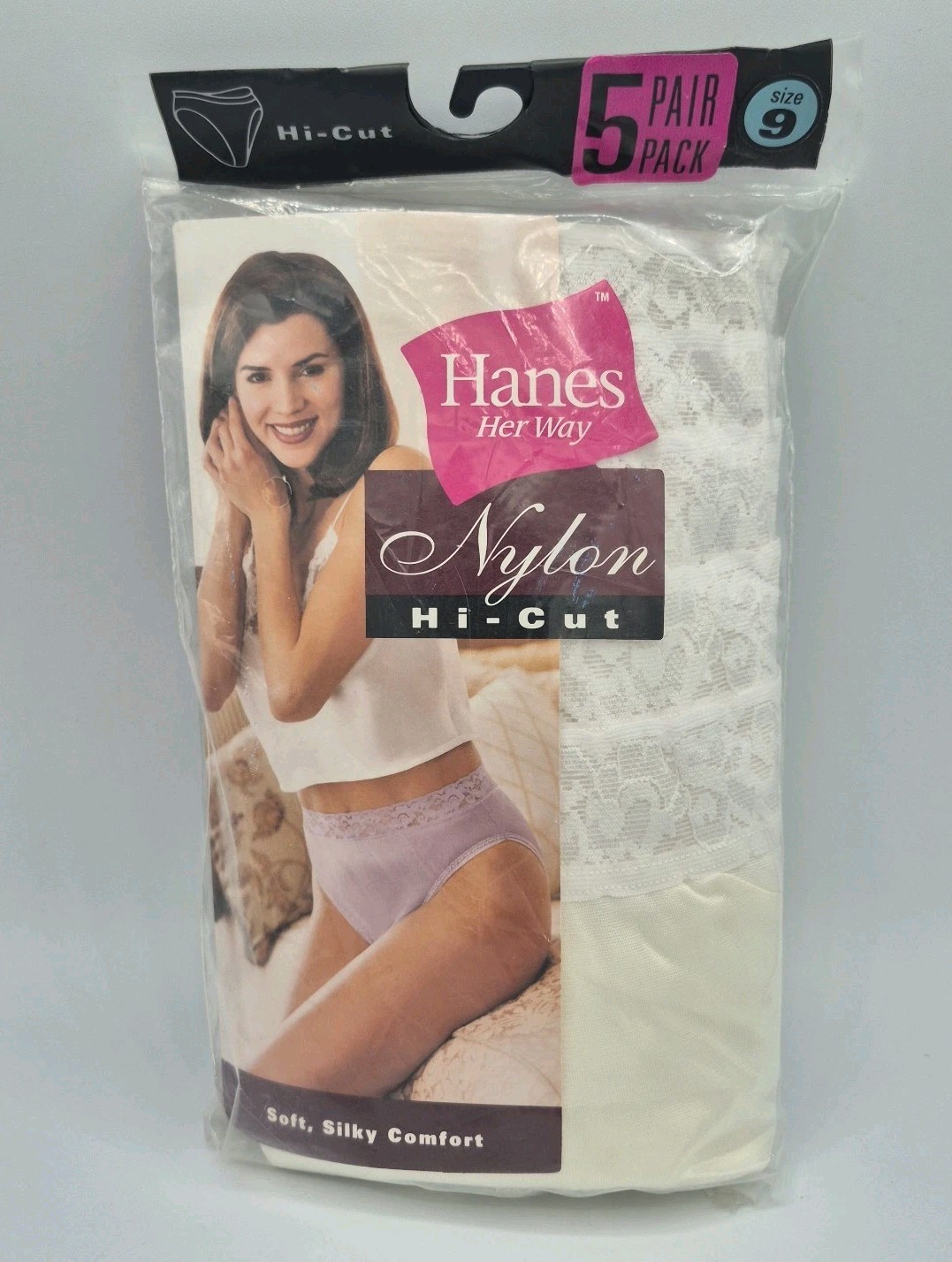 NEW VTG 99′ 5-Pack White Hanes Her Way 100% Nylon HI-CUT Lacey Top Panties Sz 9