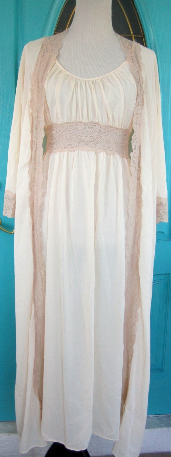 Vintage Mary Barron Nightgown Lingerie Long Creme Negligee & Robe Ivory Size M