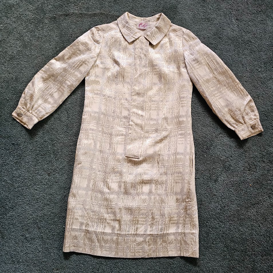 Vtg 60s Mod Silver Space Age Holiday Plaid Metallic Cocktail Mini Go Go Dress S