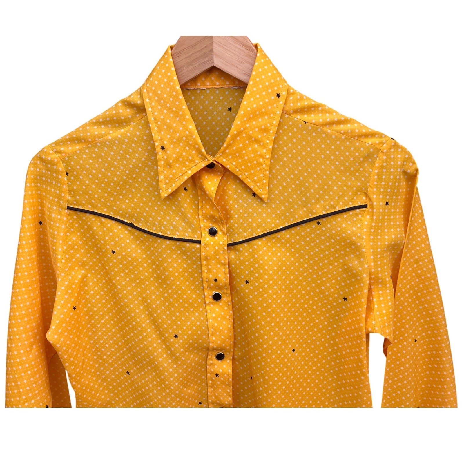 Vintage 70s Western Shirt Star Print Cowboy Cowgirl Rodeo Rockabilly Yellow