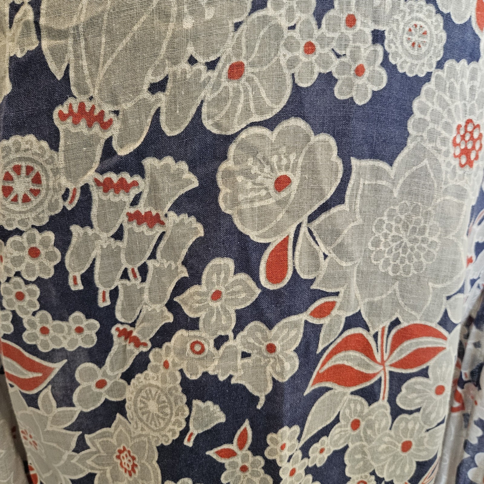 VTG 1960s Hand Made Red White Blue Floral Sheer Button Up Blouse Dagger Collar