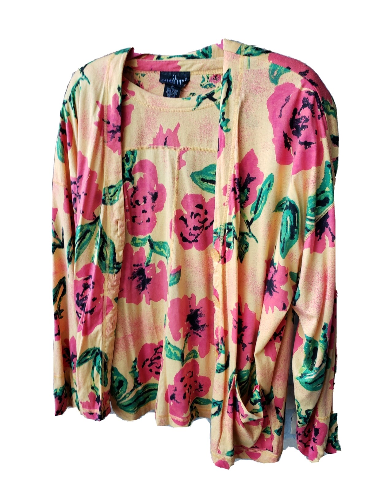 VTG 90s Carole Little Sport Large Multicolor Floral Print Twin Set Top Cardigan