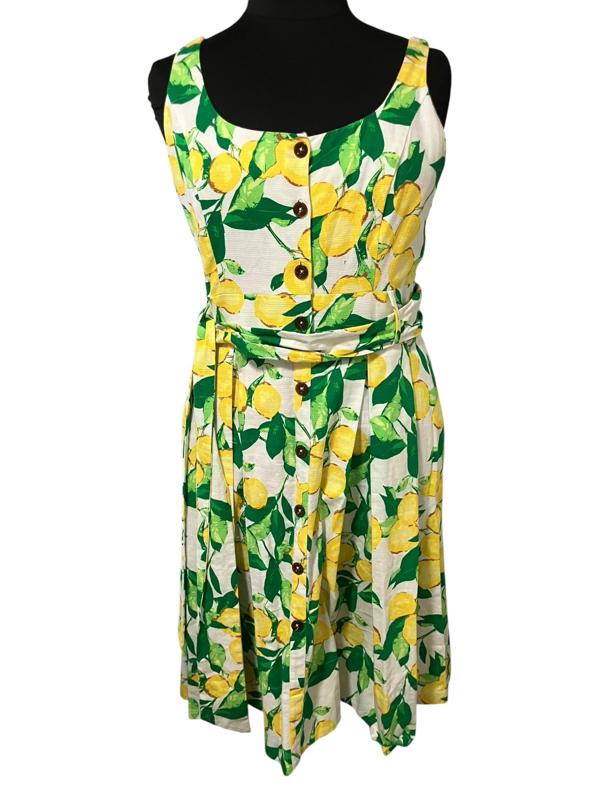 1901 Novelty Lemon&Leaves Belted Fit & Pleated Cottage Core Cruise Resort Sz 16