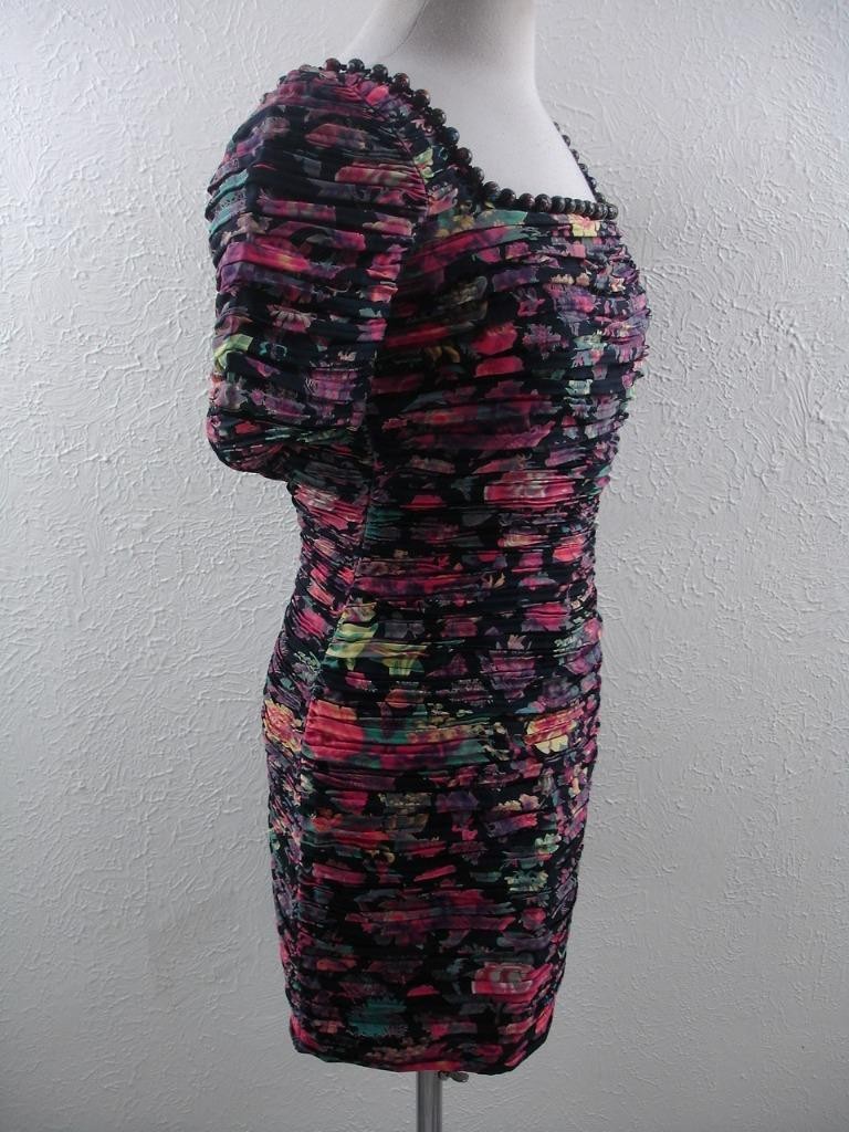 Women’s XS S sz 42 Vtg 1980’s Krizia Italy Mini Dress 100% Silk Ruched Pleated