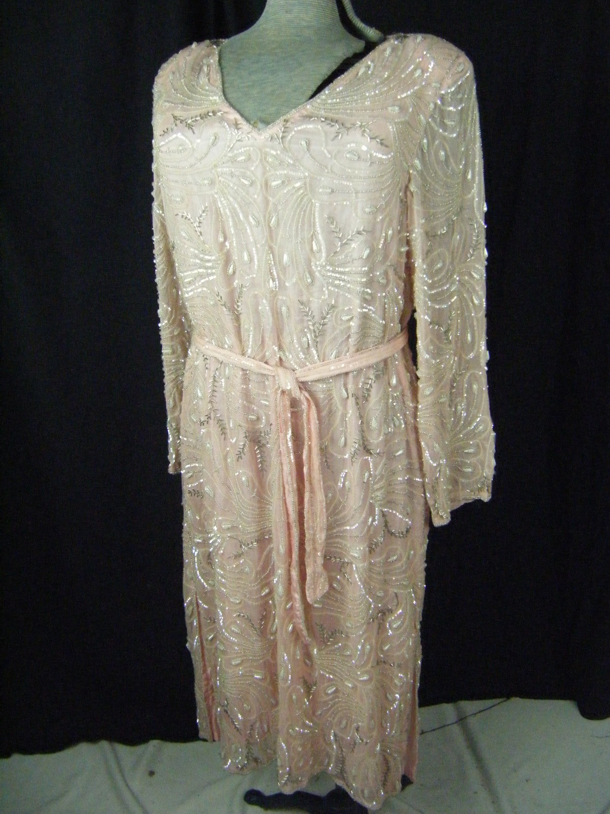 STAR LIGHT CITY Vtg 80s Pink Heavy Peacock Pearl Beaded Silk Dress-Bust 40/M