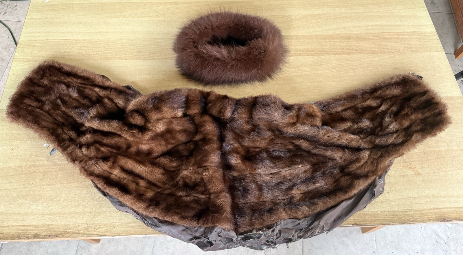 Vintage Mink Fur Stole Capelet Brown Shoulder Wrap W/ Matching Hat Teddy Bear